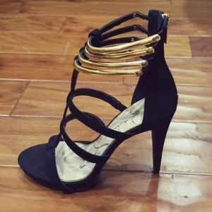Jessica Simpson black and gold strappy heels